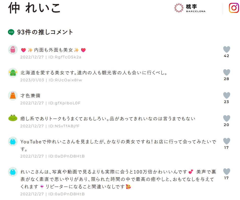 BARCELONA 桃李 札幌すすきの店の仲れいこ口コミ