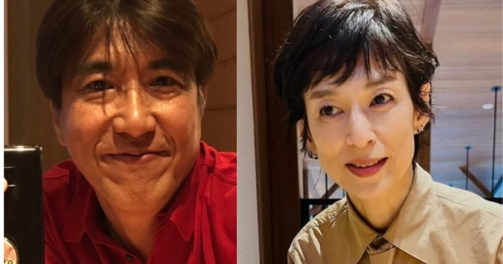 笑顔の石橋貴明とお茶をしている鈴木保奈美
