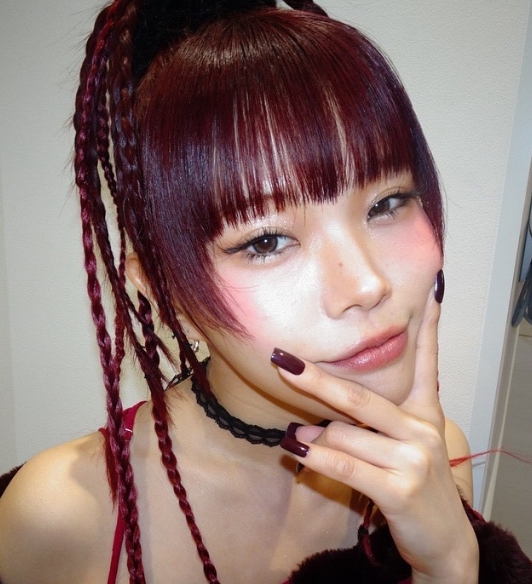 赤系の編み込みヘアと個性的なメイクでポーズをとるアイナ・ジ・エンド。黒のチョーカーと長いネイルが印象的な室内ポートレート