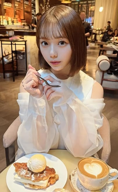 白いレースの洋服を着てカフェでスイーツを楽しんでいる菊地姫奈