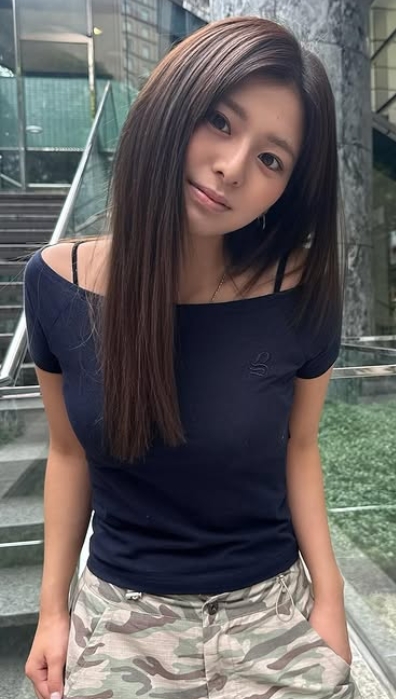 兼清萌々香さんがネイビーのオフショルダーと迷彩パンツを着用し、都市の屋外階段前でポーズをとる姿。スタイリッシュなファッションと長いストレートヘアが印象的。